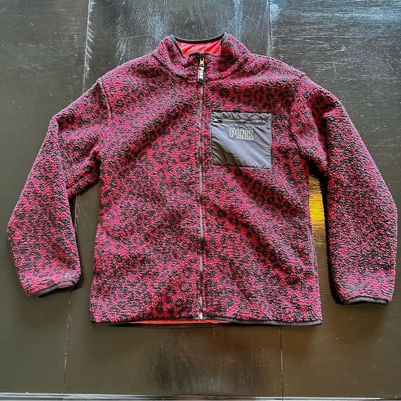 PINK medium Retro Fleece Leopard Print Pink and Black Zip Up Sweater Sweatshirt - Picture 1 of 10